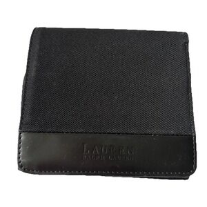 Lauren Ralph‎ Lauren Bifold Wallet Black Canvas Gloss Faux Leather 6 Pocket